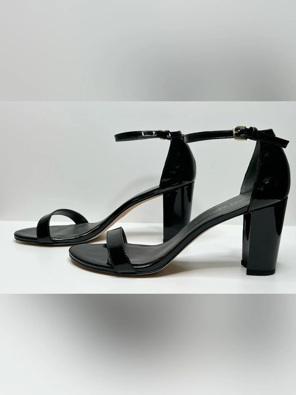 Stuart Weitzman Black Patent Leather Nudist Curve Ankle-Strap Heels Shoes Sandal